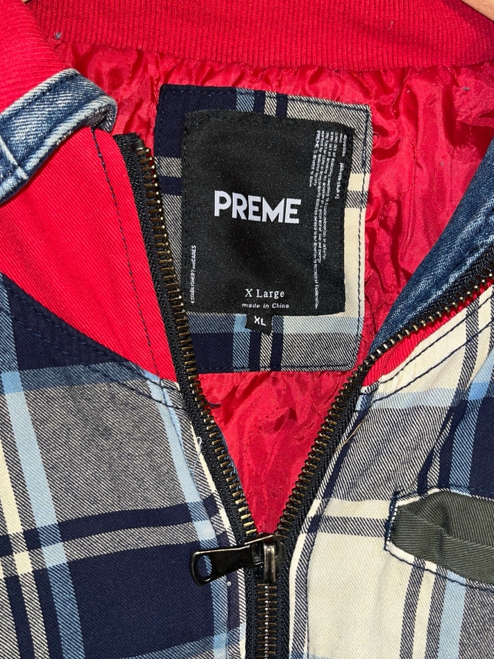 PREME Men's Red & Navy Plaid Distressed Jean Jacket